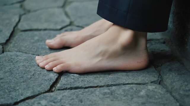Close-up of Bare Feet on Cobblestone Pavement with Black Pants Cuff toes skin