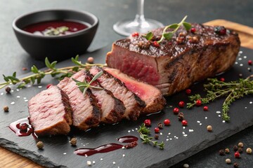 Medium-Rare Steak with Herbs and Sauce on Slate Board