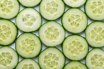 Fresh Cucumber Slices Pattern on White Background