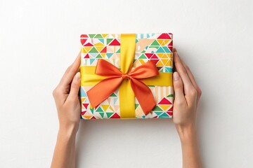 Hands Holding a Colorful Gift Box with Ribbon