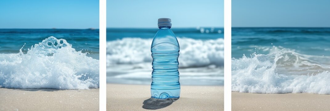 Collage of a plastic bottle of water on a tropical beach with blue sea and waves. Summer vacation and hydration concept