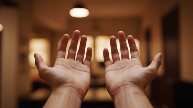 Two open palms reaching up towards a soft light source in a dimly lit room