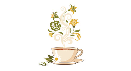 Elegant cup of hot tea or coffee with floral and leafy steam swirls and a chamomile flower on the saucer.