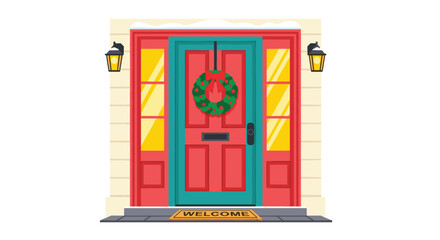 Festive front door decorated for the holidays with a large Christmas wreath, glowing lanterns, and snow on the roof.