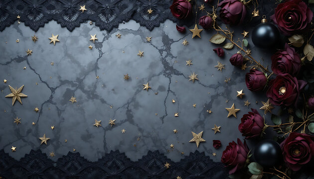 Dark and moody flat lay background with deep red roses, black lace border, gold star confetti, and dark blue ornaments on a cracked stone texture for a gothic holiday theme