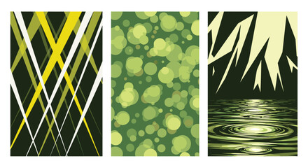 Three abstract vertical backgrounds in shades of green featuring diagonal lines, bokeh circles, and water reflections.