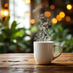 Steaming hot coffee mug on rustic wooden table, cozy indoor setting.