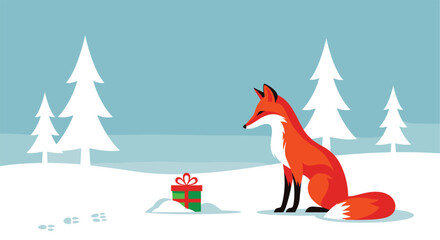 A beautiful red fox sitting in a snowy winter landscape, looking at a small green Christmas gift in the snow.
