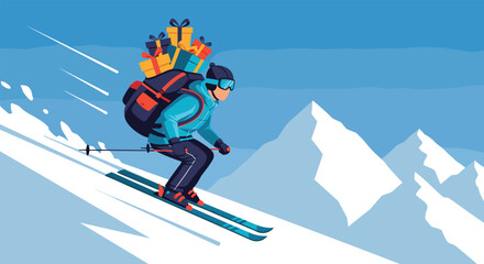 Skier wearing a large backpack full of Christmas gifts speeds down a snowy mountain slope on a clear winter day.