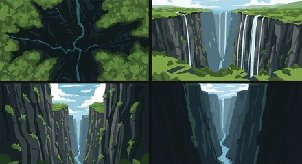 Set of four illustrations depicting a deep canyon with a river and waterfalls, seen from above and within.