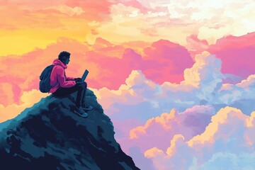 Fototapeta premium Man working on laptop, sitting on mountain peak above sea of colorful pink and yellow clouds. Remote work and digital nomad concept