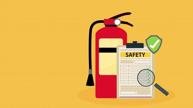 Fire fighting checklist. Extinguisher and paper tablet with checkmarks. Document at clipboard. Firefighting safety. Flame prevention checklist page. Extinguishing guidance
