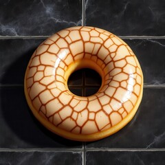 Gourmet donut with unique cracked glaze pattern on tiled surface