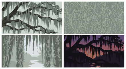 Four illustrations of swamp scenes with spanish moss hanging from old tree branches at different times of day.