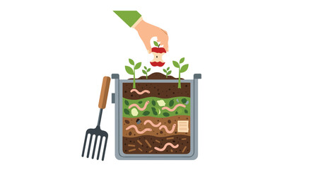 Illustration of a composting bin with visible layers of soil, food scraps, leaves, and earthworms for recycling.