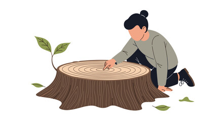 Person kneeling and touching the rings of a tree stump, with a new green sprout growing from the side.