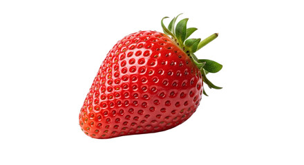 A vibrant, ripe strawberry isolated on transparent background, showcasing its bright red color, textured surface, and fresh green stem, perfect for healthy eating and summer themes