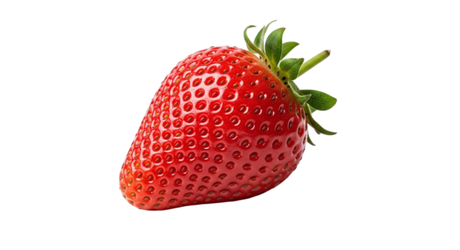 A vibrant, ripe strawberry isolated on transparent background, showcasing its bright red color, textured surface, and fresh green stem, perfect for healthy eating and summer themes