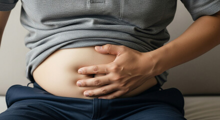 Struggling with weight gain, man holds stomach, feeling uncomfortable, concerned about health, seeking wellness solutions for a healthier lifestyle journey