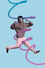 Exclusive 3d vertical artwork pop collage of happy guy dance colorful line weekend chill celebration holiday disco occasion