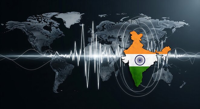 Dynamic India map with vibrant colors overlaid on global network, showing connectivity and influence, great for business presentations or travel promotions