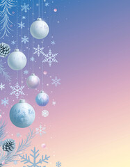 Magical winter holiday ornaments and snowflakes create a festive season design