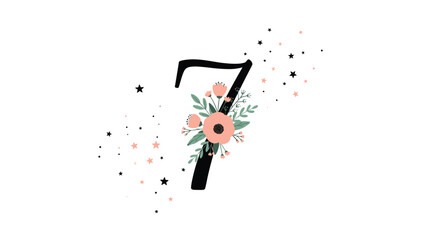 A decorative black number seven adorned with peach flowers, green leaves, and scattered stars on a white background.