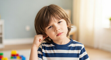 Puzzled young boy scratching his ear indoors, perhaps needing help with a hearing issue or feeling discomfort, wearing a striped shirt at home