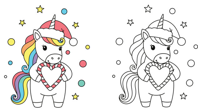Christmas coloring page of cute cartoon unicorn wearing Santa hat and holding heart shaped candy cane, vector illustration with color and black and white outline versions for kids activity - Powered by Adobe