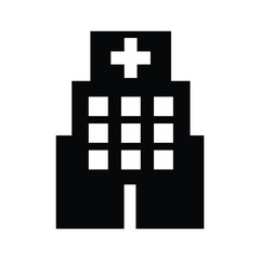 Black silhouette of a hospital building with a white cross black and white medical