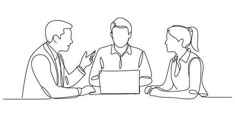 Continuous line drawing of business people in a collaborative meeting