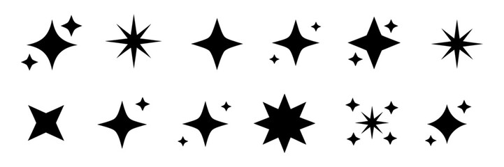 Obraz premium Collection of diverse black sparkle, star, and glitter effect icons, symbols, graphic elements for web, app design, and various decorative purposes