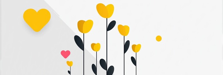 Cute yellow heart shaped flowers and hearts. Minimalist flat design for greeting card, banner, or background. Spring or love concept