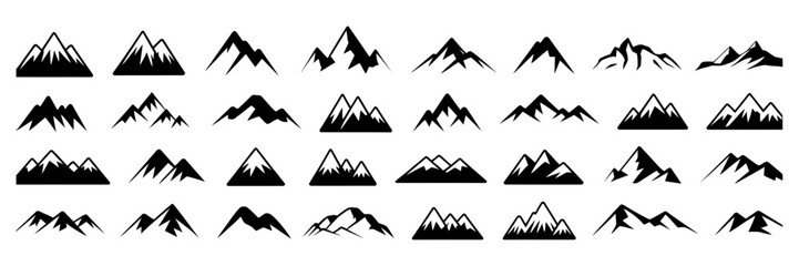 Extensive collection of diverse black mountain and peak silhouette icons, ideal for outdoor adventure, nature exploration, travel badges, or alpine logos designs.