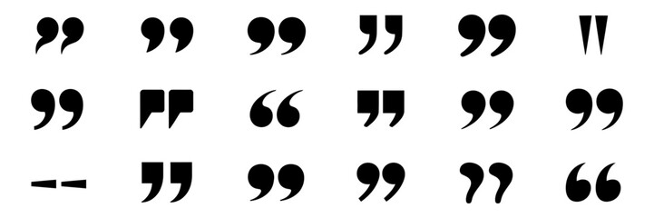 Naklejka premium A varied selection of black punctuation marks, featuring different styles of quotation symbols, primes, and a dash, critical for typography, grammar, and text composition needs.