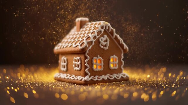 A beautifully crafted gingerbread house, adorned with intricate icing details, glowing warmly.