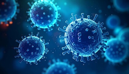 Microscopic viruses rendered in 3D, glowing blue against a dark backdrop with bokeh spots
