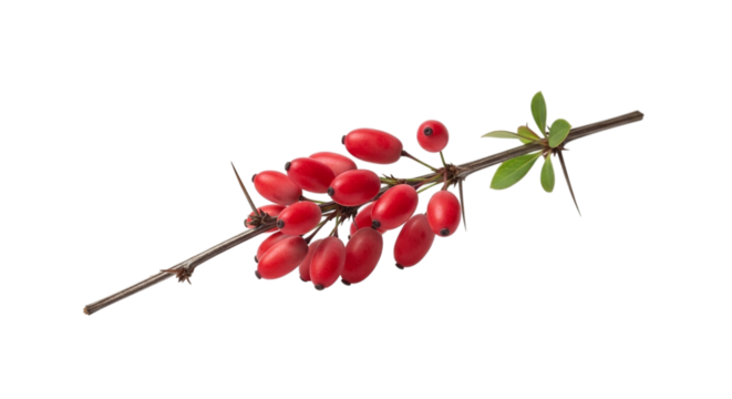 A sprig of barberry with bright red berries isolated on transparent background the berries are clustered together and the sprig has a few small green leaves