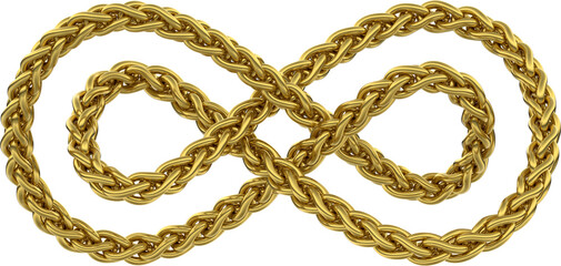Braided Infinity Sign Made With Two Intertwined Golden Wheat Links Chains. Luxurious Symbol of Eternal Success and Elegance. 3D isolated illustration