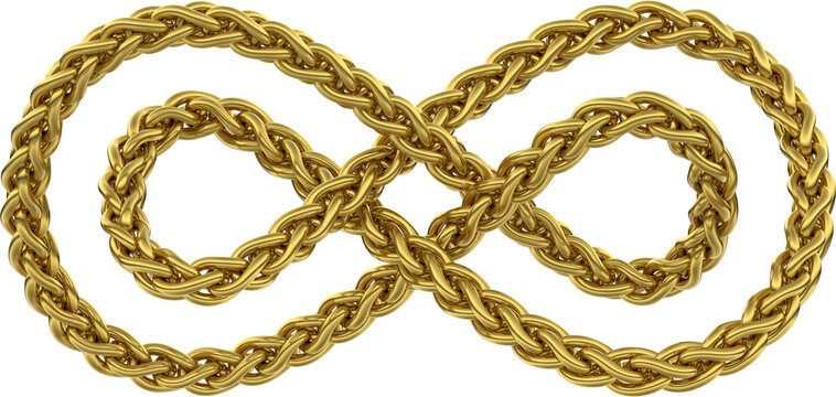 Braided Infinity Sign Made With Two Intertwined Golden Wheat Links Chains. Luxurious Symbol of Eternal Success and Elegance. 3D isolated illustration