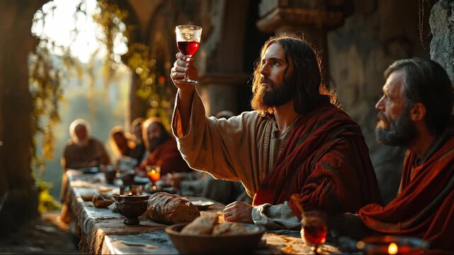 Jesus Christ blesses the wine at the table with the apostles. The Last Supper. Gospel story.