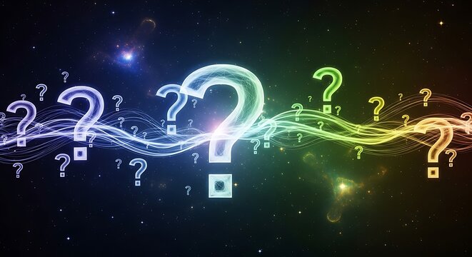 Vibrant Question Marks Floating in a Nebula of Unknowns, Cosmic Pondering - Powered by Adobe