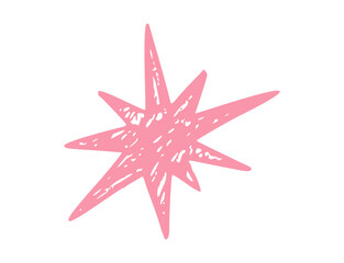 Hand drawn doodle star with pastel crayon texture. Cute celestial icon and sparkle element for party decoration, school projects. Chalk-style sketched twinkling shape. Vector Illustration isolated