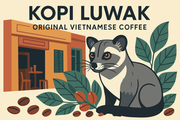 Original Vietnamese Coffee poster. Copi luwak. Asian palm civet animal in traditional Vietnamese coffee shop background surrounded by coffee beans and leaves