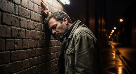 Lonely man with head against brick wall on rainy night expressing emotional pain and despair looking for solace after a bad day, feeling down and depressed