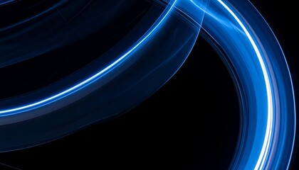 Luminous, curved blue light streaks swirl across a dark background, creating an abstract, dynamic, flowing effect