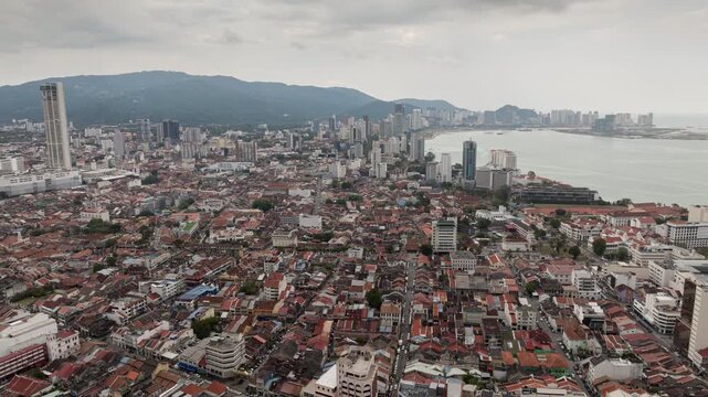 day time penang island george town aerial panorama 4k timelapse malaysia