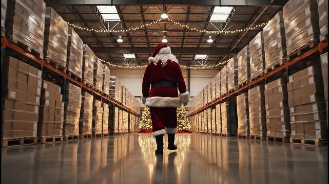 Santa claus stands in a vast warehouse filled with stacked boxes on shelves adorned with festive holiday lights