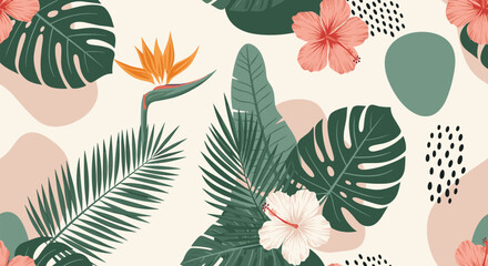 Beautiful seamless pattern featuring tropical flora like monstera, hibiscus, and bird of paradise, combined with abstract organic shapes.