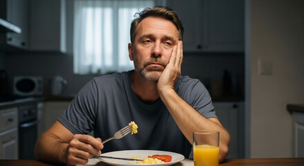 Stressed man eating breakfast alone at home, struggling with burnout and feeling down, showing emotion and weariness during difficult times